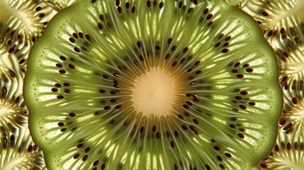  a close up of a kiwi fruit slice with a white center and brown dots on the center of the slice.