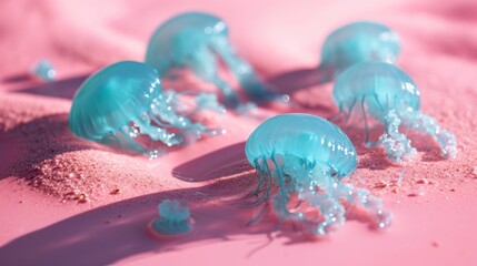  a group of blue jellyfish floating on top of a pink sand covered ocean floor next to a pink wall. - obrazy, fototapety, plakaty