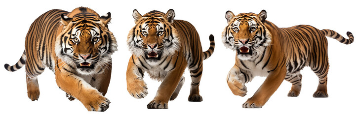 Collection of leaping tiger isolated on transparent background. Wild tiger that jumps and opens its mouth. Generative AI - obrazy, fototapety, plakaty