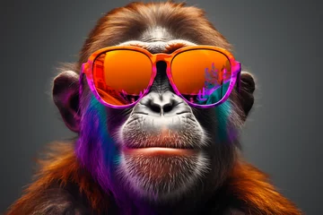 Fototapeten Colorful portrait of smiling happy monkey wearing fashionable sunglasses with hairstyle on monochrome background © Ainur