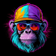 cool-faced monkey wearing stylish glasses and a cap hat. cool-faced monkey wearing stylish glasses and a cap hat vector illustration Pop art color animalhead creative character mascot logo design - obrazy, fototapety, plakaty
