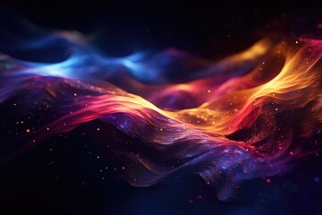 Abstract neon multicolor particles background. Glowing bokeh waves and surface grid. - obrazy, fototapety, plakaty