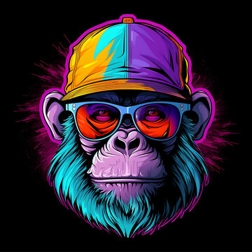 cool-faced monkey wearing stylish glasses and a cap hat. cool-faced monkey wearing stylish glasses and a cap hat vector illustration Pop art color animalhead creative character mascot logo design