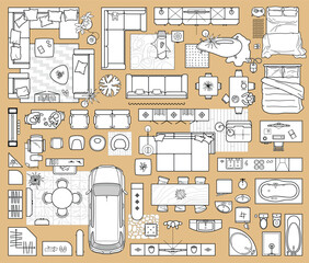 Floor plan icons set for design interior and architectural project (view from above). Furniture thin line icon in top view for layout. Blueprint apartment. Vector - 704830300
