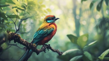 Fototapeta premium a colorful bird sitting on top of a tree branch in the middle of a forest with lots of green leaves.