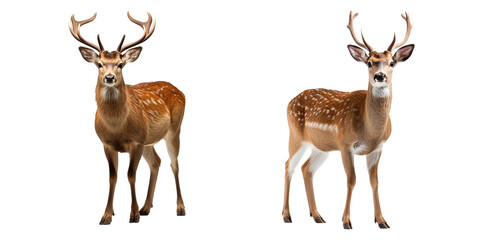 Naklejka na ściany i meble Set of deer isolated on transparent background. Front view of male deer or stag with long antlers. Generative AI