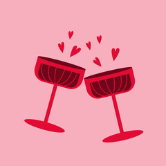 Two glasses with hearts. Wine for Valentine's Day. Elements for Valentine's day, wedding, mother's day. Vector illustration.