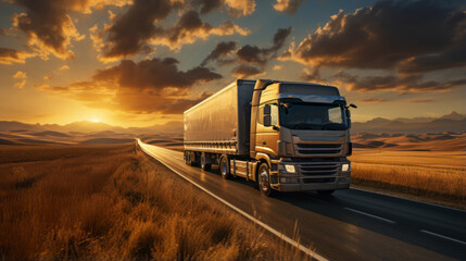 Large transport truck transporting commercial cargo on way highway road with mountains scenery