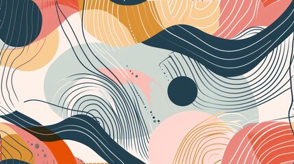  a multicolored abstract background with wavy lines, circles, and dots in blue, pink, yellow, and orange.