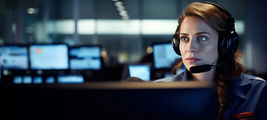 Emergency operators wearing a headset, Security guards in security control rooms with video walls or legal service of dangerous law patrol, Police officers Immigration in a 911 Emergency Call Center - obrazy, fototapety, plakaty