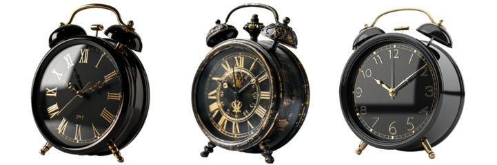 Collection of alarm clock isolated on transparent background. Vintage classic alarm clock with black and gold color. Generative AI