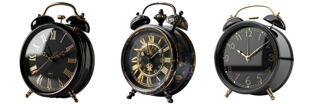 Collection of alarm clock isolated on transparent background. Vintage classic alarm clock with black and gold color. Generative AI