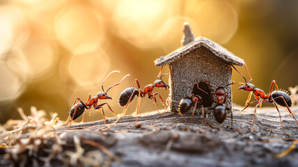 A group of ants building a tiny house, symbolizing teamwork and collective effort - obrazy, fototapety, plakaty