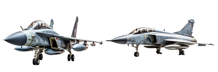 Fototapeta premium Set of fighter jet aircraft isolated on transparent background. Side view of grey military airplane. Generative AI