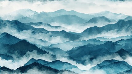  a painting of a mountain range with clouds in the foreground and a blue sky in the middle of the picture.