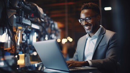 A smiling scientist engineer uses a laptop analyzing the concept of a robotic machine in a high-tech factory. Modern technologies, science concepts.