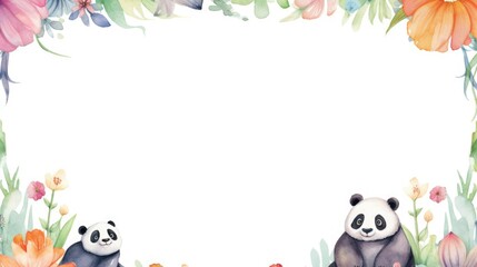 Fototapeta na wymiar Holiday greeting postcard with cute bear. Beautiful watercolor children card with panda. Empty space for your text. Blank place for birthday design. Kid illustration art. Child poster painting.
