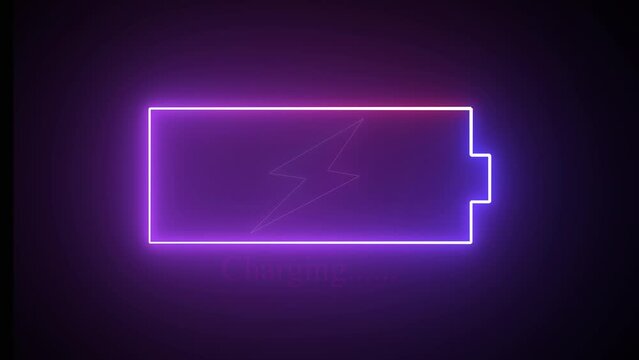 Battery icon with lightning bolt on a black background. Lightning blinking purple bolt symbol