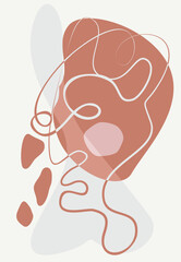 One line art. Single line cubism abstract face. Stylized continuous contour with abstract spots. Contemporary collage picture. Vector illustration