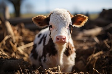 Young calf at dairy farm. Newborn baby cow, close up of young calf,newborn baby cow, Generative AI