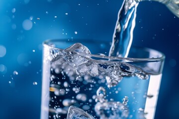 Close-up view of water poured into a glass with ice, with isolated blue background, studio shot...