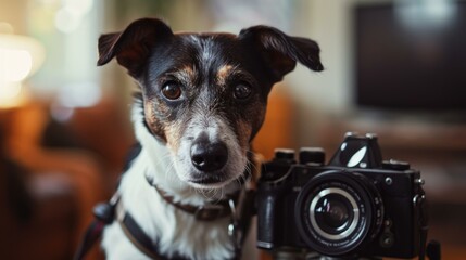 A  jack russell terrier dog is holding a camera in front of a television. Generative AI. - Powered by Adobe