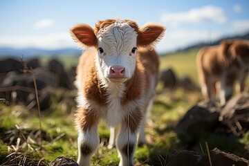 Obraz premium Young calf at dairy farm. Newborn baby cow, close up of young calf,newborn baby cow, Generative AI