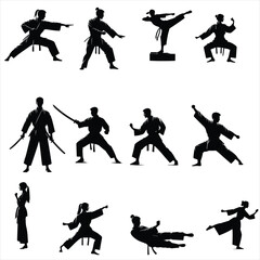 set of martial arts silhouettes, set of  karate fighters silhouettes ,set of girl fitness silhouettes, set of combat fighter silhouettes , boys and girls self defence silhouettes  ,fitness silhouettes