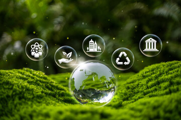 Crystal globe placed on moss. ESG icon for environment. Society and Governance Sustainable global...