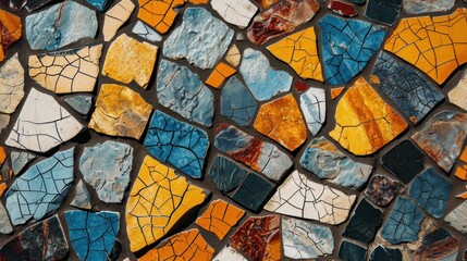  a close up of a wall made up of many different colors of glass and stone with a pattern of different shapes and sizes.
