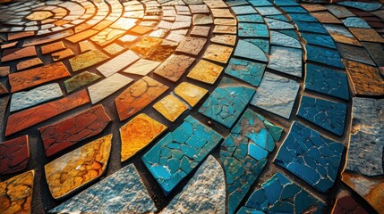  a close up of a mosaic tile floor with the sun shining through the center of the mosaic pattern in blue, orange, and yellow. - obrazy, fototapety, plakaty