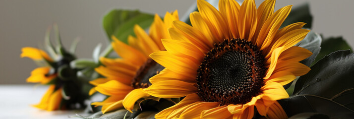 Vibrant sunflowers with lush yellow petals and dark brown centers on a neutral background, symbolizing summer or the concept of organic and natural beauty