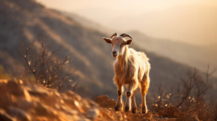Naklejka premium A goat playing near a mountain edge.