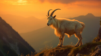 A goat playing near a mountain edge.