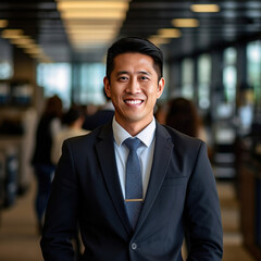 Fototapeta premium Asian business man standing in an office smiling confidently. Business corporate people background.