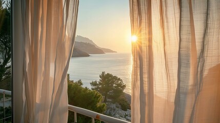 Quiet luxury aesthetic close up detail of a linnen curtain of a terrace with a scenic sea view, sunrise