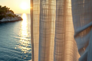 Quiet luxury aesthetic close up detail of a linnen curtain of a terrace with a scenic sea view, sunrise