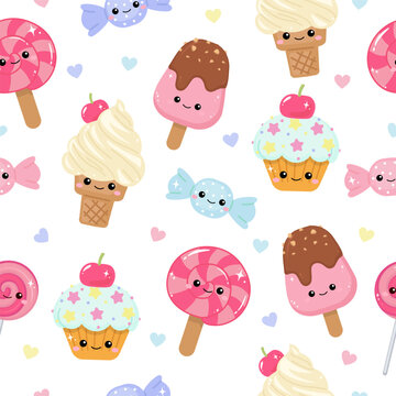 Cute sweet dessert ice cream, candy, and cupcake seamless pattern