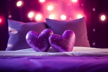 Romantic Purple Heart Cushions on Bed - obrazy, fototapety, plakaty