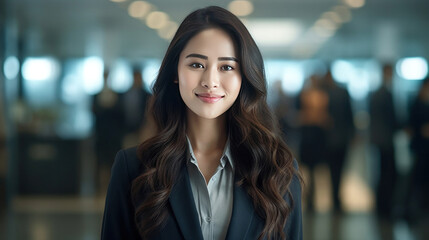 Asian business woman standing in an office smiling confidently. Business corporate people background.