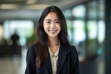 Asian business woman standing in an office smiling confidently. Business corporate people background. - obrazy, fototapety, plakaty