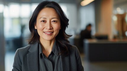 Asian mature professional business woman standing in an office smiling confidently. Business corporate people background.