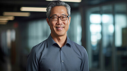Fototapeta premium Asian mature professional business man standing in an office smiling confidently. Business corporate people background.
