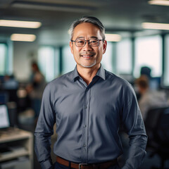 Obraz premium Asian mature professional business man standing in an office smiling confidently. Business corporate people background.