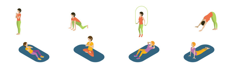 Woman Character on Mat Doing Yoga Engaged in Physical Exercising Vector Set