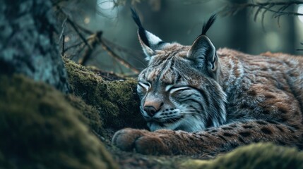  a close up of a cat laying on a mossy ground in a wooded area with trees in the background.