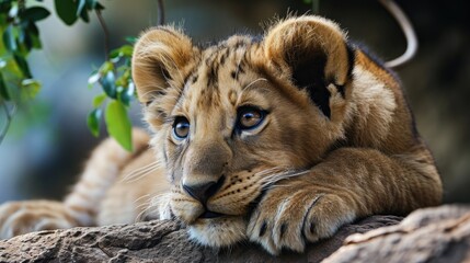  a close up of a small lion laying on top of a rock next to a leafy branch of a tree.