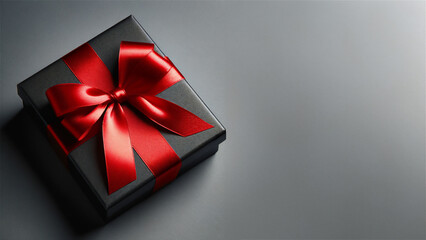 The matte black gift box with a bright red ribbon on a grey background.generated by AI