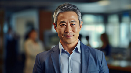 Obraz premium Asian mature professional business man standing in an office smiling confidently. Business corporate people background.