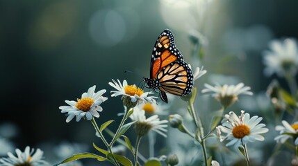 Obraz premium a close up of a butterfly on a plant with flowers in the foreground and blurry in the background.